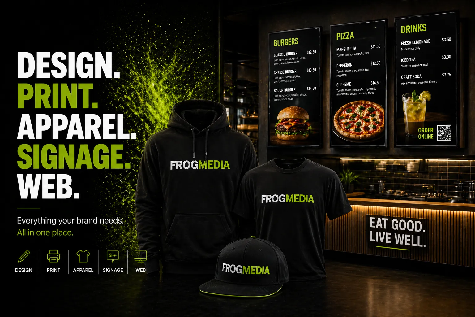 Design, print, apparel, signage and web for restaurants and businesses