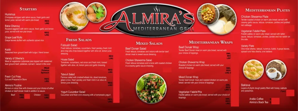 Menu board design for Almira’s Mediterranean Grill